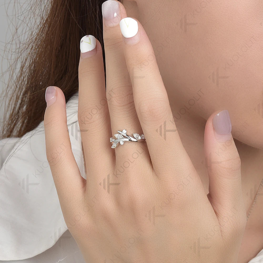 Kuololit 0.45ctw Moissanite Ring 18K 14K 585 White Gold for Women Branches Marquise Solitaire Matching Band Engagement Christmas