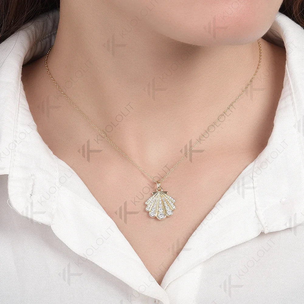 Kuololit 0.8CTW Lab Grown Diamond Necklace Solid 10k 14k Yelllow Gold for Women Luxury Shell Shape Wedding Engagement Christmas