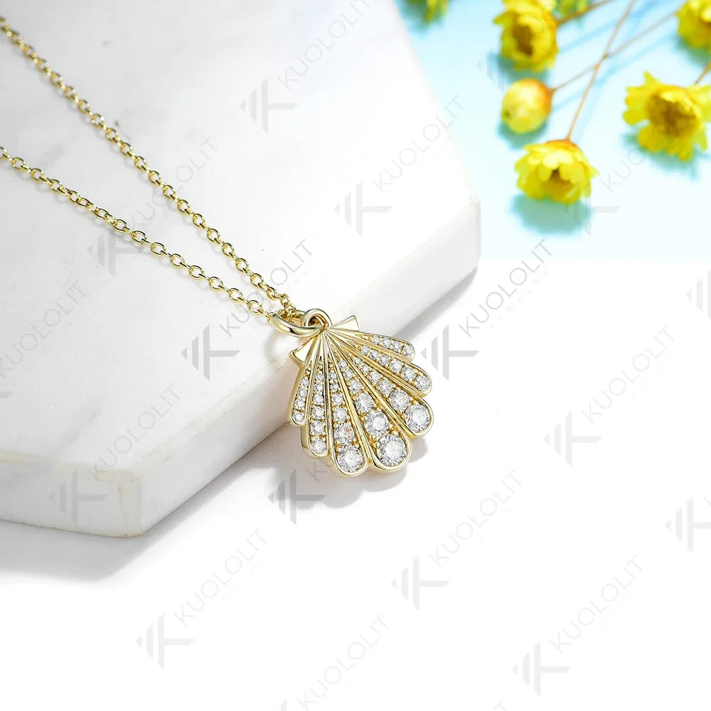 Kuololit 0.8CTW Lab Grown Diamond Necklace Solid 10k 14k Yelllow Gold for Women Luxury Shell Shape Wedding Engagement Christmas