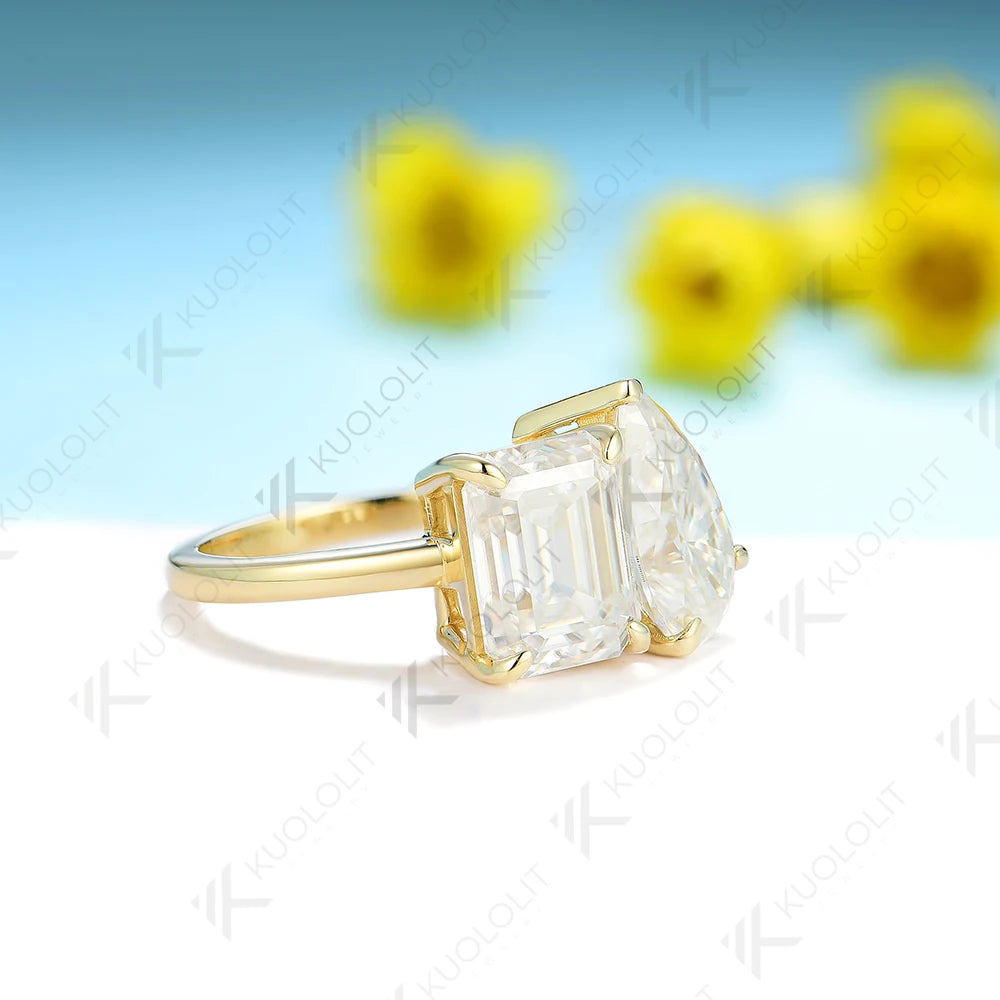Kuololit 6CTW Moissanite Rings for Women PT950 Solid 14K 10K 585 Yellow Gold Pear and Emerald for Engagement Wedding Christmas