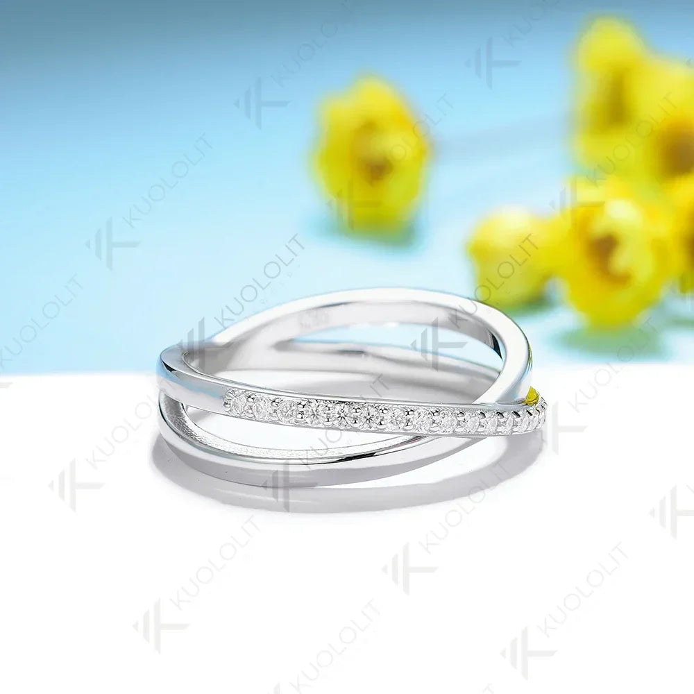 Kuololit Lab Grown Diamond Cross Band for Women Solid 14K 10K 585 925 Silver White Gold Wedding Rings for Engagement Christmas
