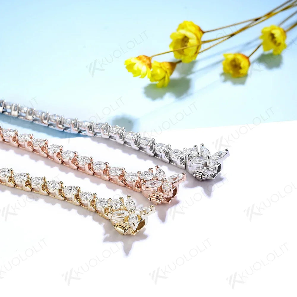Kuololit Lab Grown Diamond Flower Tennis Bracelet for Women Solid 14K 10K Gold Marquise Diamond Bracelet for Christmas Gifts