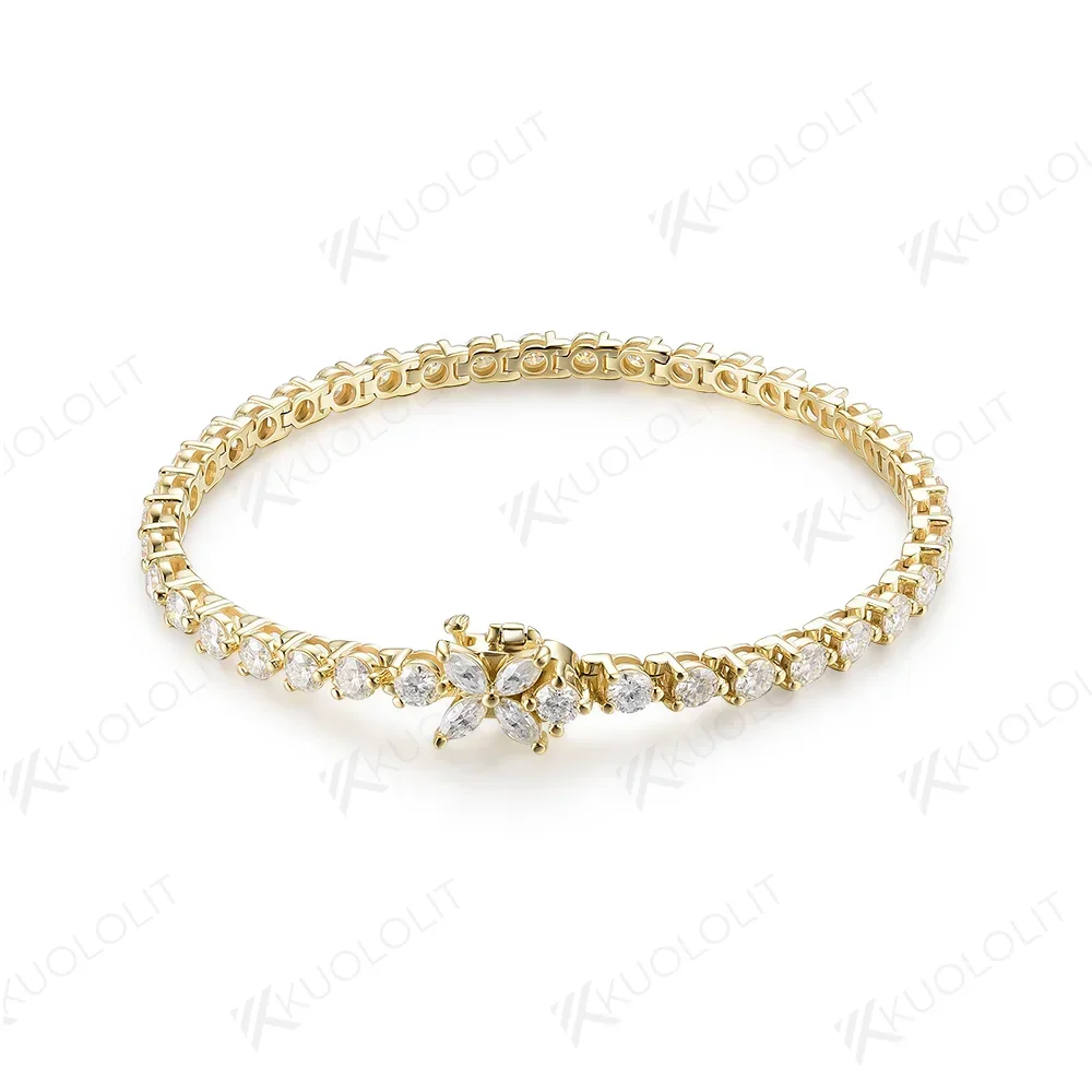Kuololit Lab Grown Diamond Flower Tennis Bracelet for Women Solid 14K 10K Gold Marquise Diamond Bracelet for Christmas Gifts