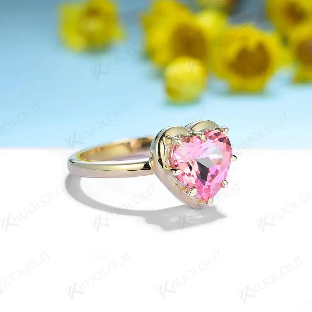 Kuololit Lab Padparadscha Natural Garnet GemstoneRings for Women Solid 14K 10K 585 Yellow Gold for Engagement Wedding Christmas