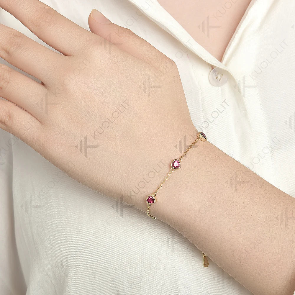 Kuololit 1.5CTW Lab Grown Ruby Bracelet for Women Solid 18K 14K 10K 585 Yellow Gold Heart Cut Bracelet for Christmas Gifts