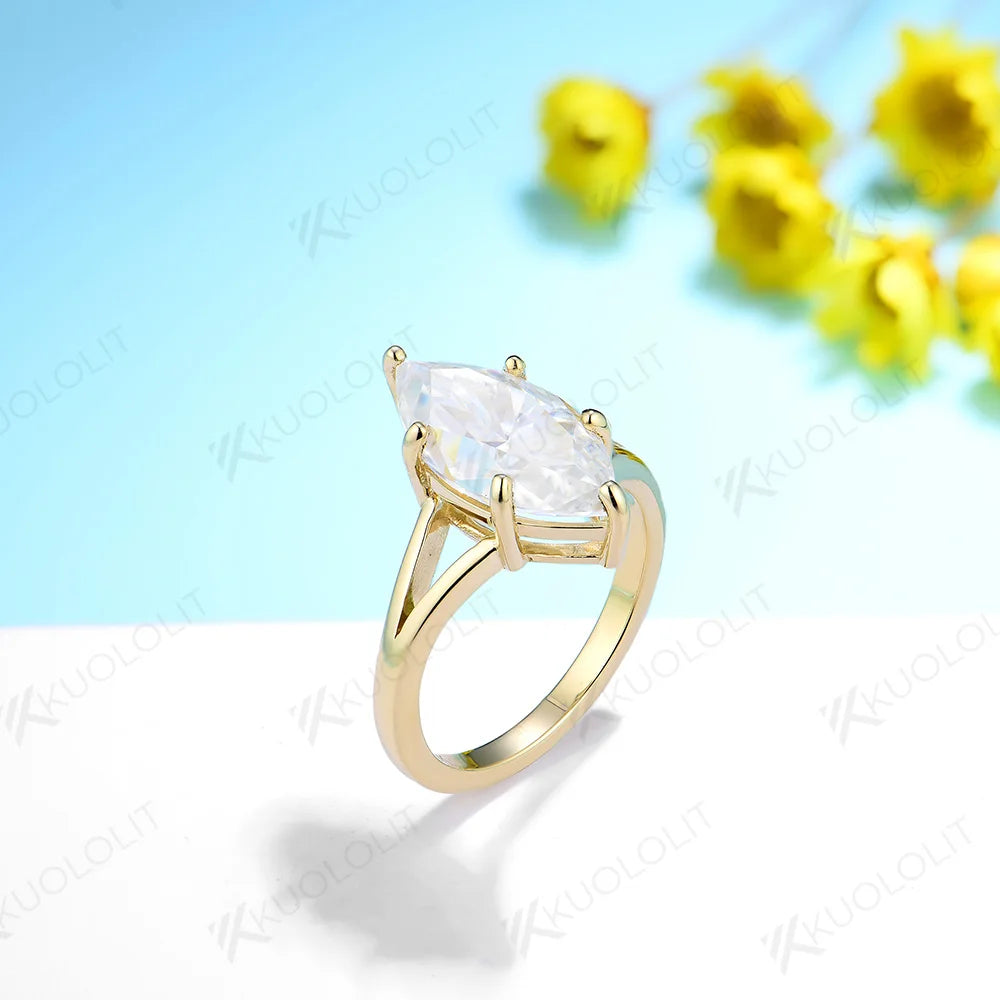 Kuololit 4CT Marquise cut Moissanite Ring for Women Solid 14K 10K 585 PT950 Gold Silver Yellow Gold Marquise for Engagement Wedding Christmas