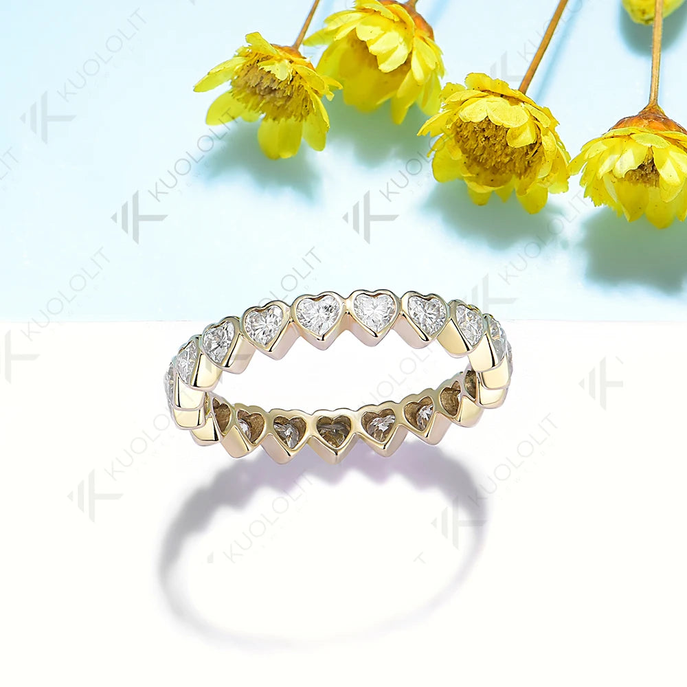 Kuololit 1CTW Heart Moissaniote Band Rings for Women Solid 14K 10K 585 Full Eternity Band for Wedding Engagement Classsic