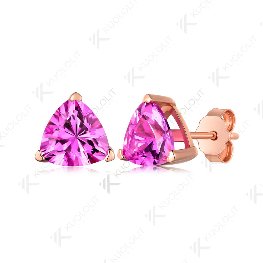 Kuololit 1.2CT Trillyon Lab Pink Sapphire Stud Earrings for Women Pure 18K 14K Gold Trillyon Earrings for Anniversary Christmas Gifts