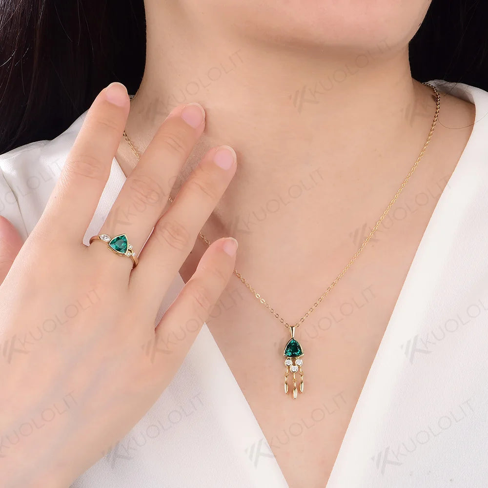 Kuololit 1.2CT Lab Grown Emerald Jellyfish Ring for Women Solid 18K 14K 10K 585 Yellow Gold Moissanite Ring for Christmas Gifts