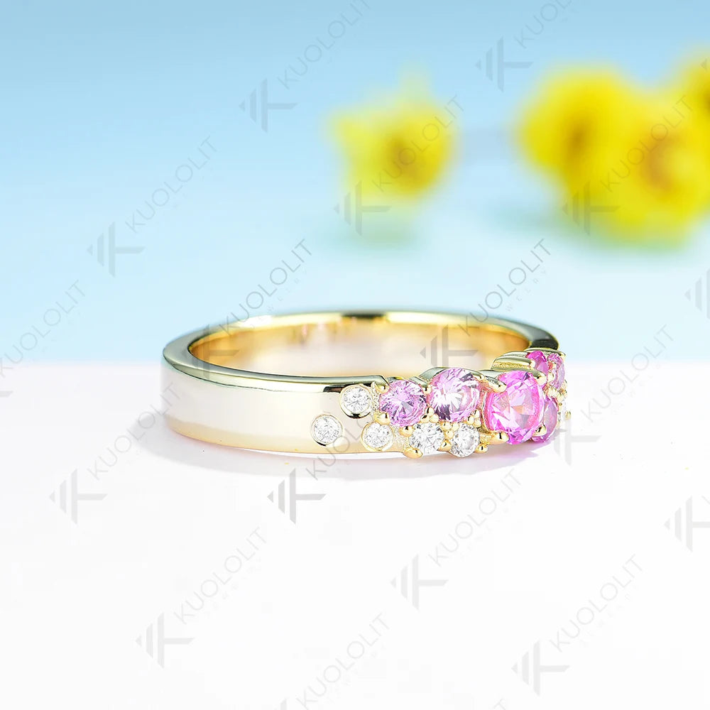 Kuololit PT900 0.7CTW Lab Grown Pink Sapphire Band for Women Solid Platinum 900 Gold for Engagement Wedding Band Christmas Gifts
