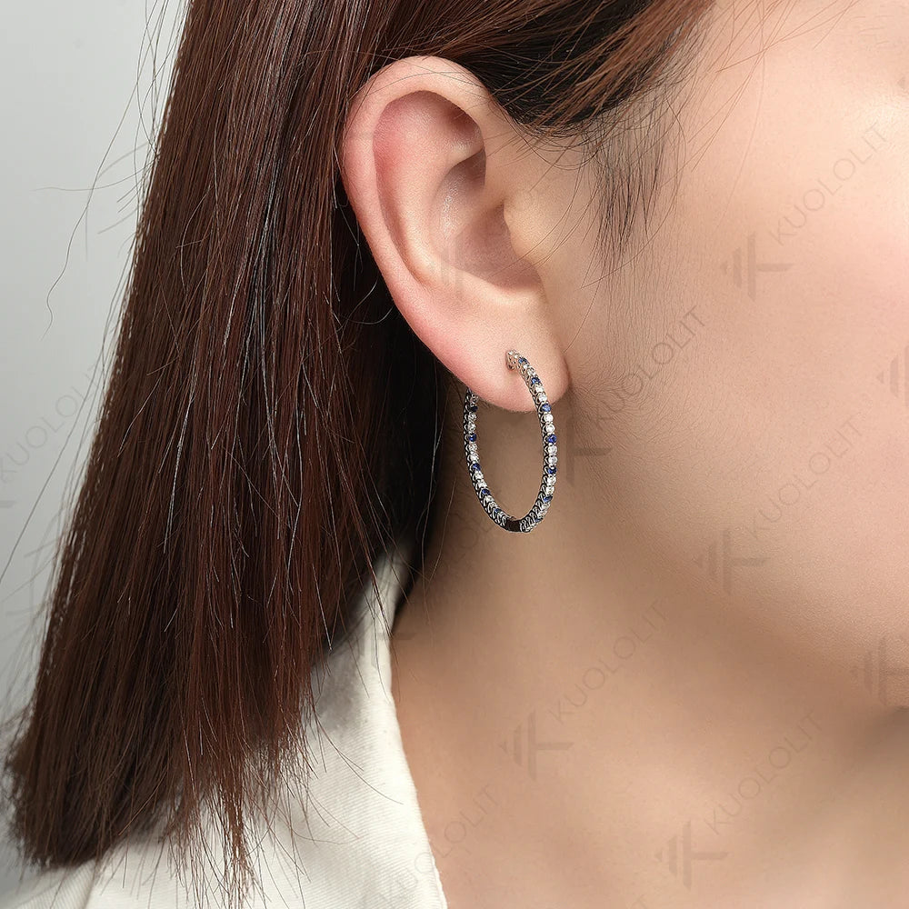 Kuololit Lab Blue Sapphire Moissanite Hoop Earrings for Women Solid 14K 10K 585 Gold Alternate Gemstone Earrings for Christmas