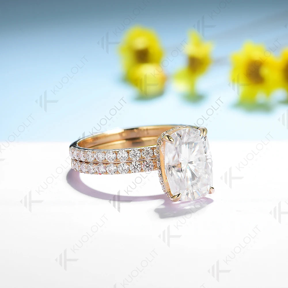 Kuololit 3CT Enlonged Oval Cut Moissanite Set Ring for Women Solid 18K 14K 10K 585 Yellow Gold Band for Engagement Wedding Party