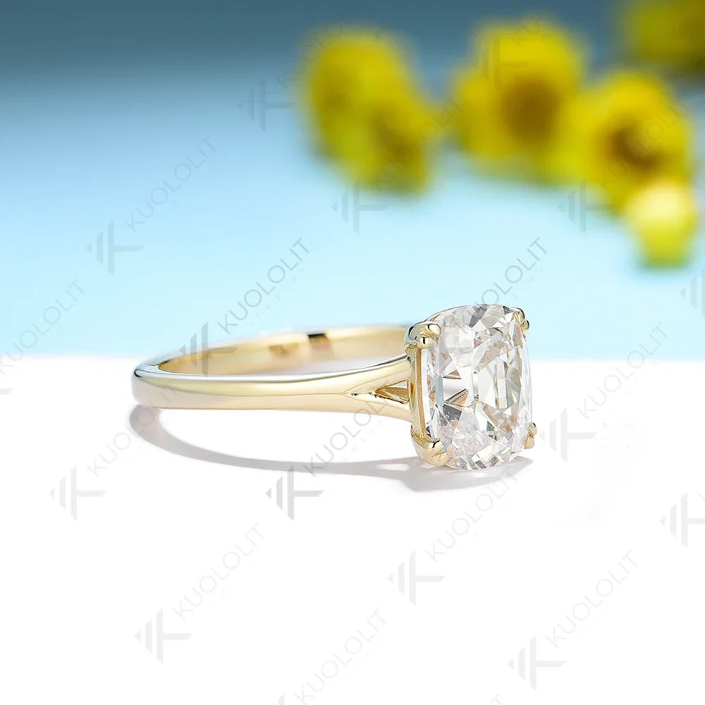 Kuololit 3CT OMC Enlonged Cushion Moissanite Rings for Women PT950 Solid 14K 10K Yellow Gold for Engagement Wedding Christmas