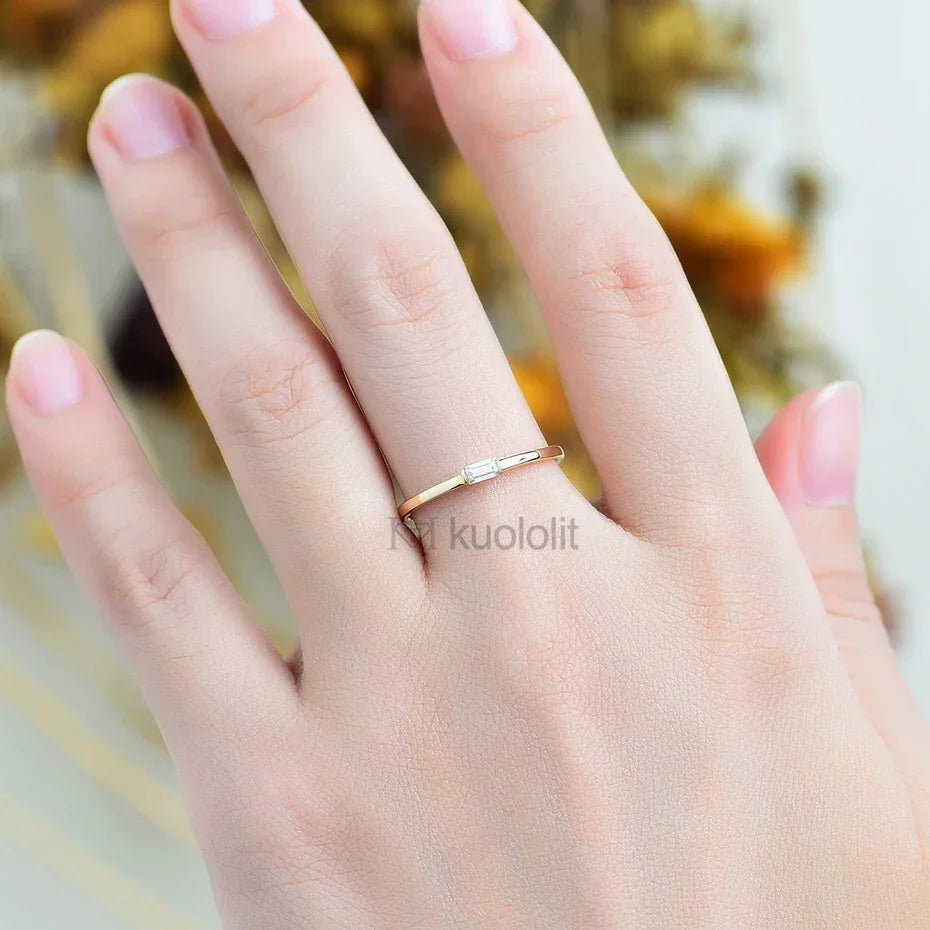 Kuololit Lab Grown Diamonds Rings for Women 585 14K 10K Yellow Gold Emerald Cut Solitaire Engagement Luxury for Christmas Gift