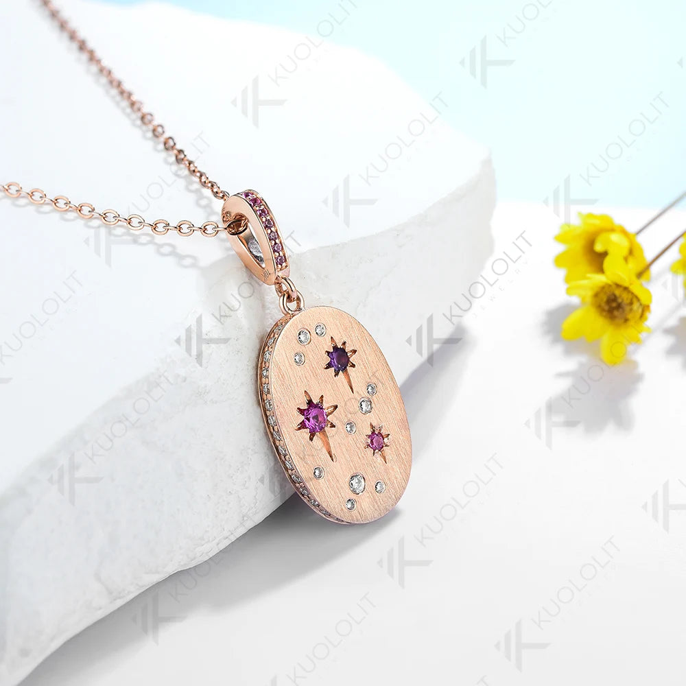 Kuololit Lab Grown Pink Sapphire Necklace for Women Solid 10K 14K 18K 925 Sliver Moissanite Pendant for Engagement Christmas