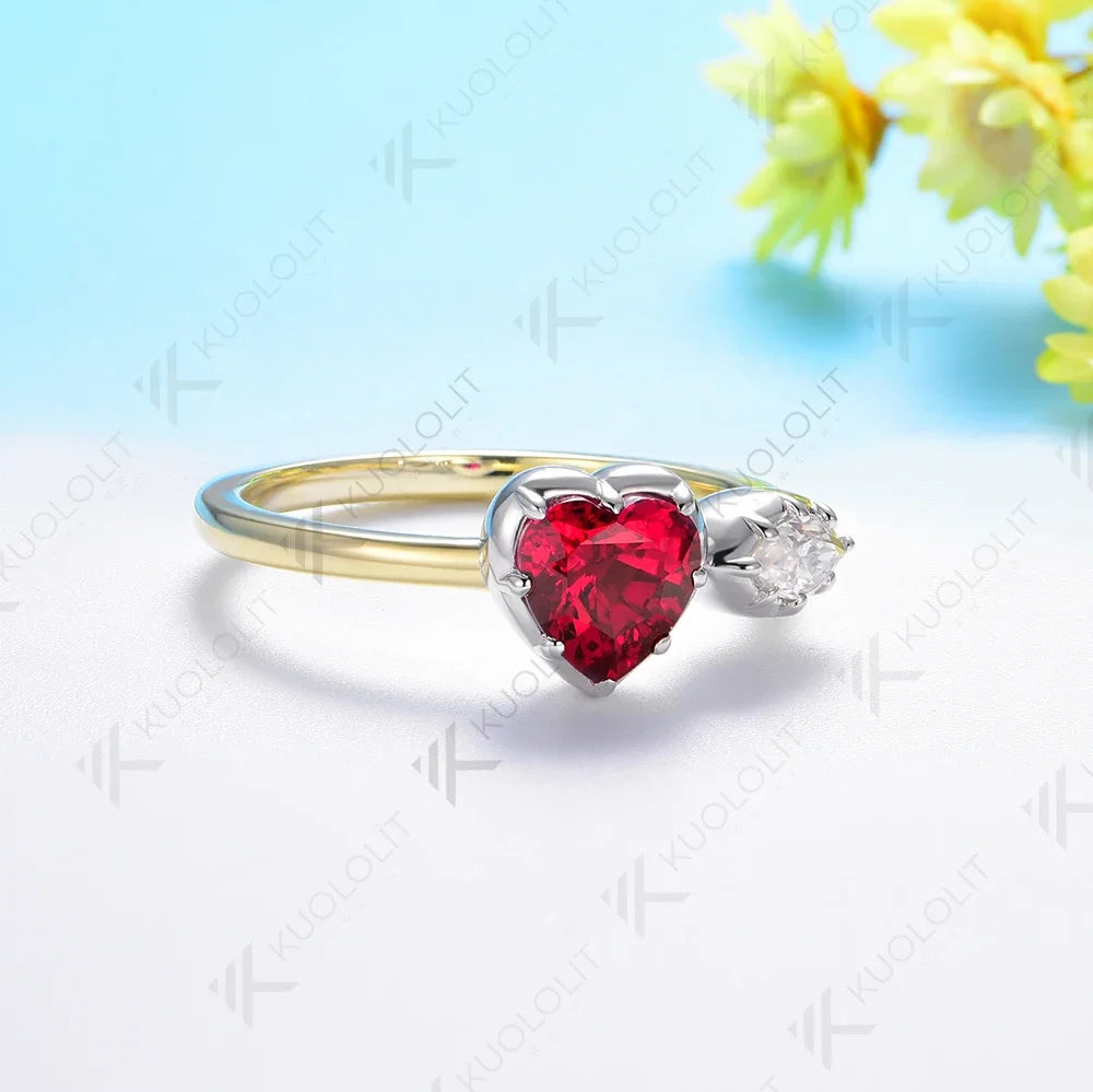 Kuololit 1.3CTW Lab Grown Diamond Ring for Women Solid 18K 14K 10K Gold Two Tone Ruby Gemstone Ring for Anniversary Engagement