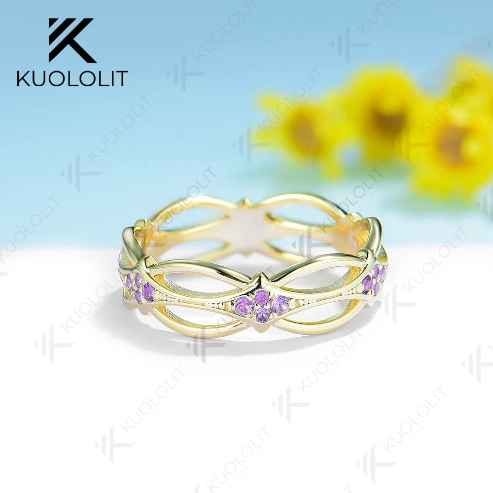 Kuololit PT900 Natural Amethyst Flower Hollow Band for Women Solid Platinum 900 Gold For Engagement Wedding Band Christmas Gifts