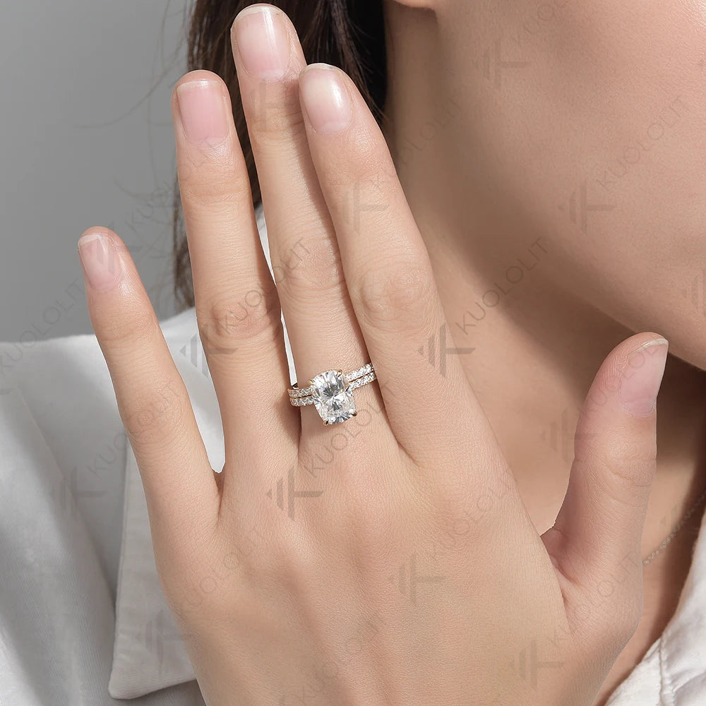 Kuololit 3CT Enlonged Oval Cut Moissanite Set Ring for Women Solid 18K 14K 10K 585 Yellow Gold Band for Engagement Wedding Party