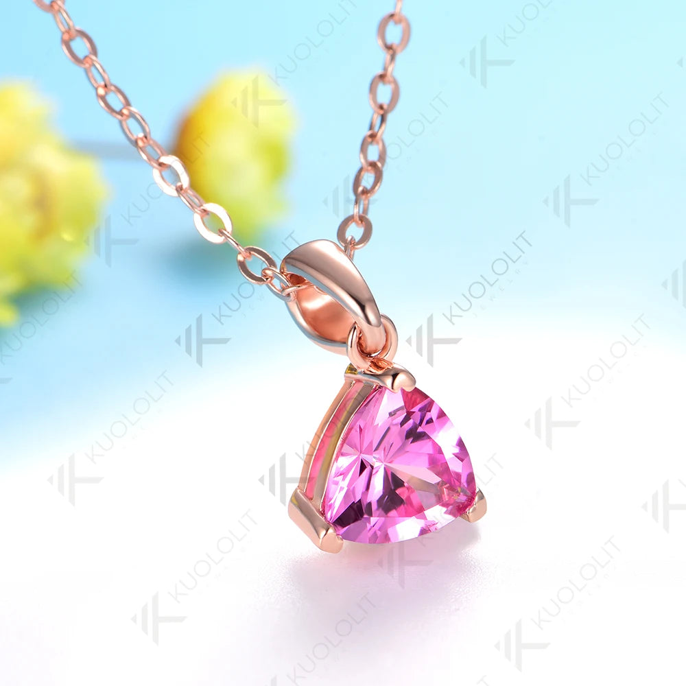 Kuololit 1.2CT Lab Pink Sapphire Engagement Necklace for Women Solid 18K 14K 585 Rose Gold for Christmas Gifts Jewelry