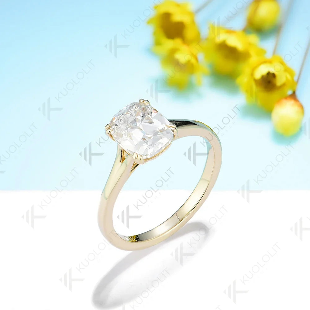 Kuololit 3CT OMC Enlonged Cushion Moissanite Rings for Women PT950 Solid 14K 10K Yellow Gold for Engagement Wedding Christmas