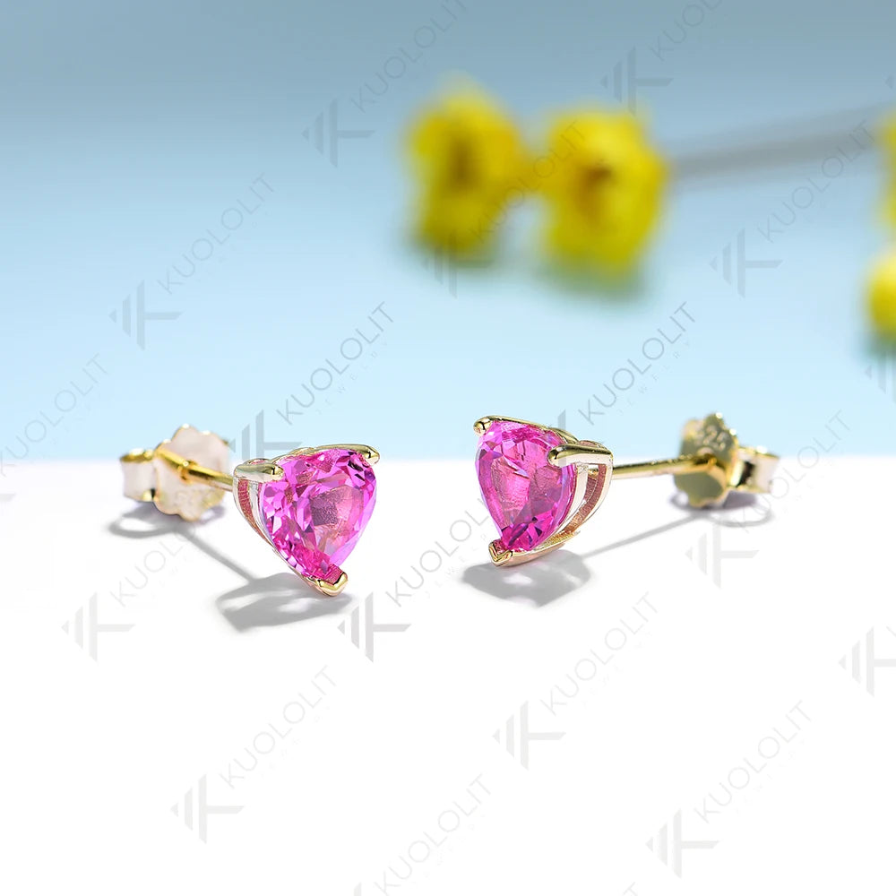 Kuololit 2.4CTW Lab Grown Padparadscha Heart Earrings for Women Pure 18K 14K 10K Gold Stub Gemstone Earrings Anniversary Gifts