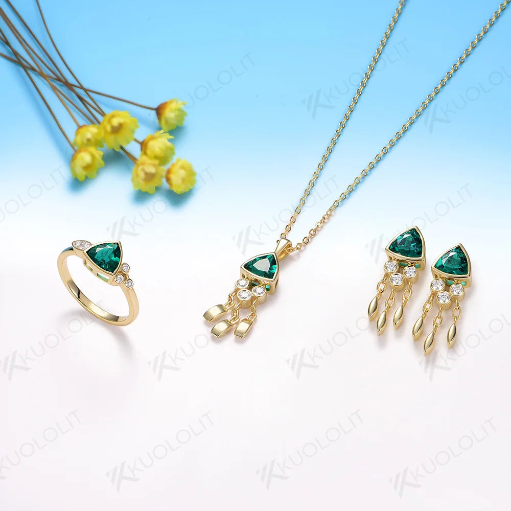 Kuololit 1.2CT Lab Grown Emerald Jellyfish Ring for Women Solid 18K 14K 10K 585 Yellow Gold Moissanite Ring for Christmas Gifts