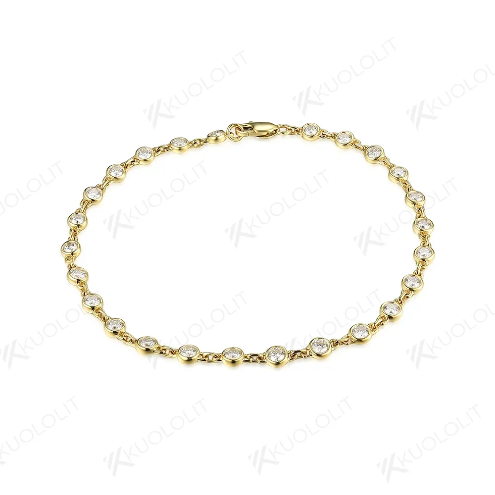 Kuololit Moissanite Chain Bracelets for Women Solid 585 14K 10K Yellow Gold Bezel set Bracelet for Romantic Engagement Group Buy