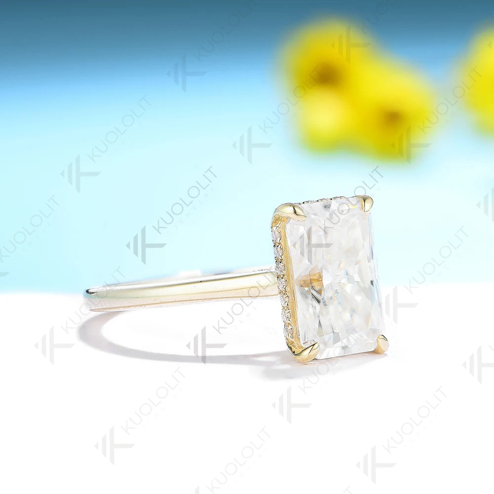 Kuololit 4ct Radiant Cut Moissanite for Women Solid 14K10K Yellow Gold Emerald Cut D/VVS1 Solitaire Ring for Engagement Wedding