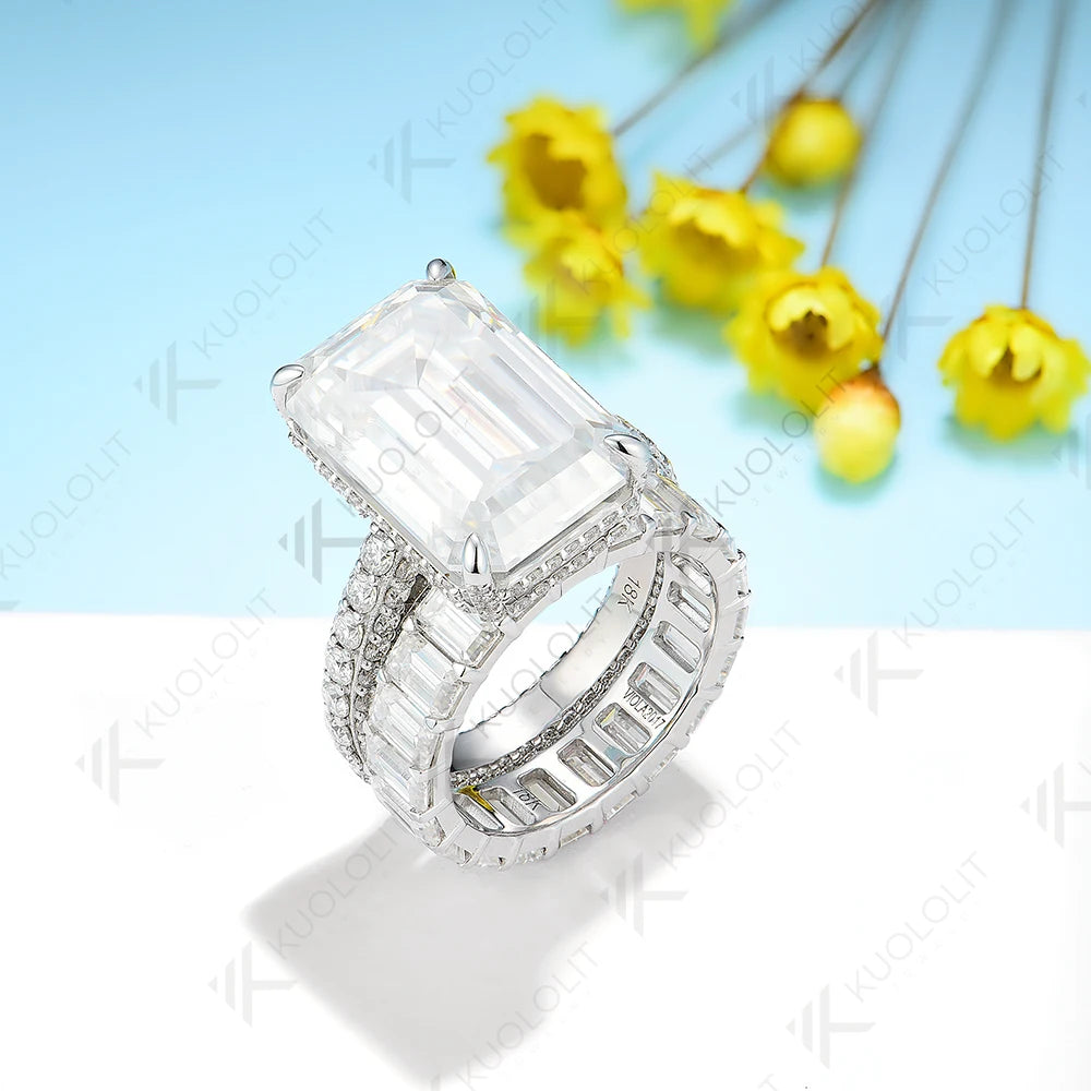 Kuololit 16CTWMoissanite Rings for Women Men PT950 Solid 14K 10K White Gold Emerald Cut for Wedding Luxury Engagement Christmas