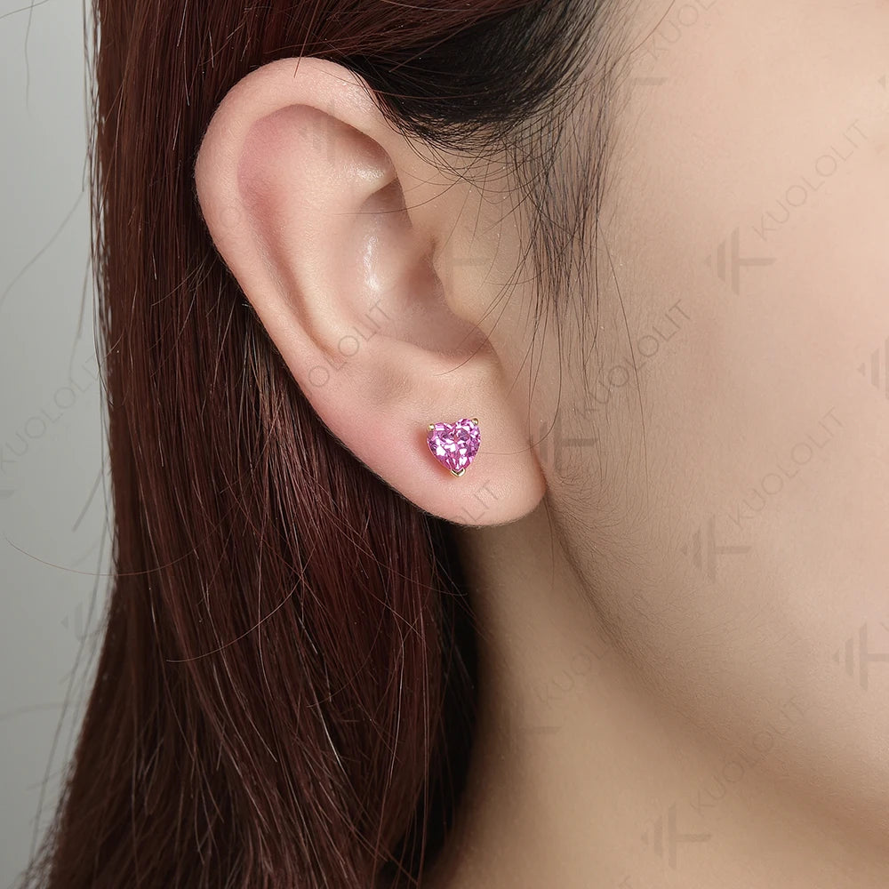 Kuololit 2.4CTW Lab Grown Padparadscha Heart Earrings for Women Pure 18K 14K 10K Gold Stub Gemstone Earrings Anniversary Gifts