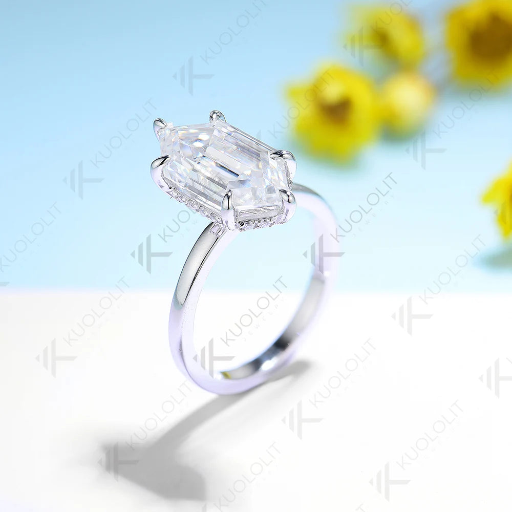 Kuololit 4CT Enlonged Hexagon Moissanite Ring for Women Solid 14K 10K 585 Yellow Gold Moissanite Engagement Ring for Christmas