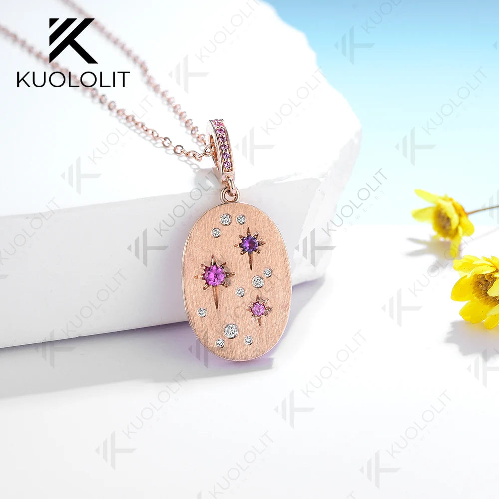 Kuololit Lab Grown Pink Sapphire Necklace for Women Solid 10K 14K 18K 925 Sliver Moissanite Pendant for Engagement Christmas