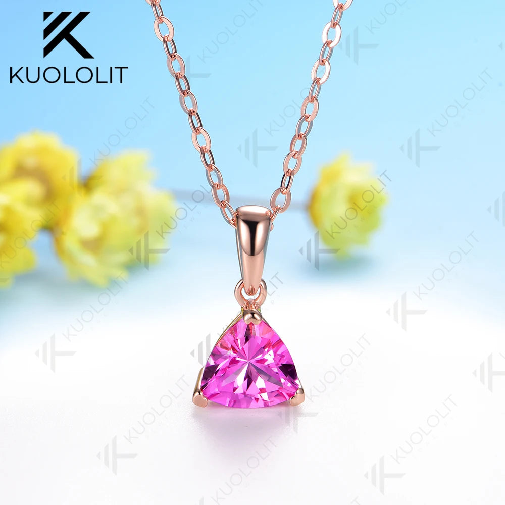 Kuololit 1.2CT Lab Pink Sapphire Engagement Necklace for Women Solid 18K 14K 585 Rose Gold for Christmas Gifts Jewelry