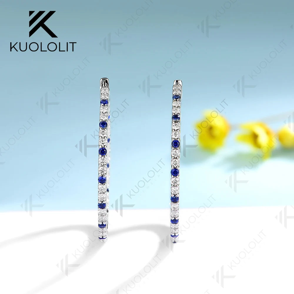 Kuololit Lab Blue Sapphire Moissanite Hoop Earrings for Women Solid 14K 10K 585 Gold Alternate Gemstone Earrings for Christmas