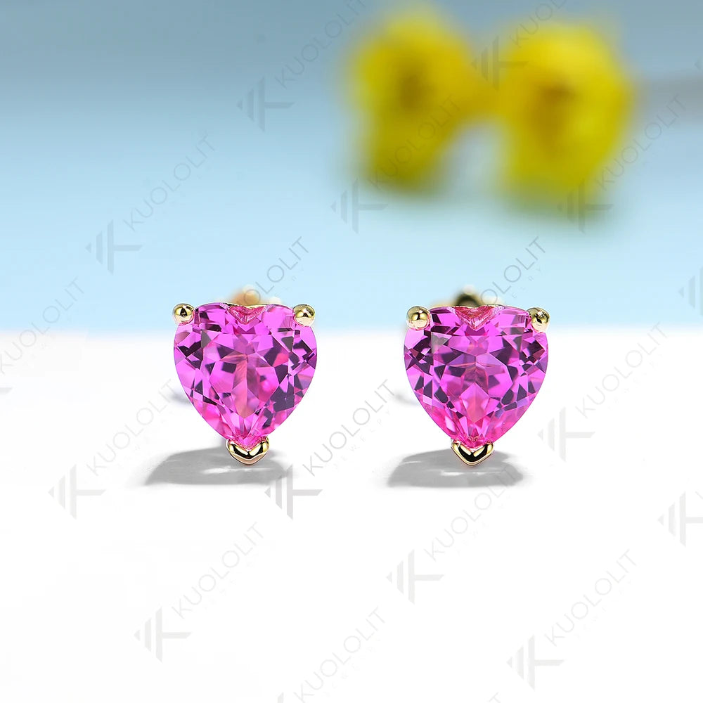 Kuololit 2.4CTW Lab Grown Padparadscha Heart Earrings for Women Pure 18K 14K 10K Gold Stub Gemstone Earrings Anniversary Gifts