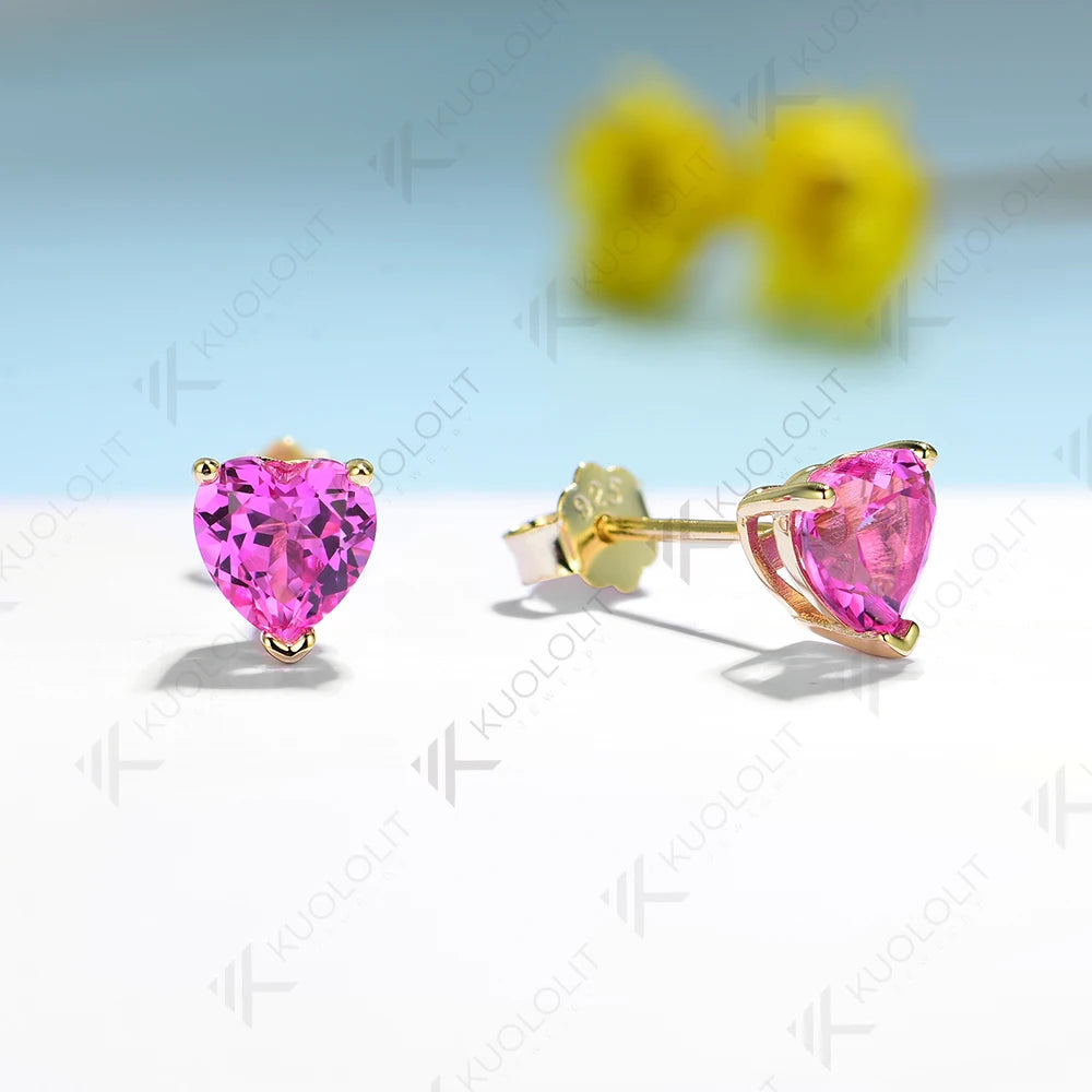 Kuololit 2.4CTW Lab Grown Padparadscha Heart Earrings for Women Pure 18K 14K 10K Gold Stub Gemstone Earrings Anniversary Gifts