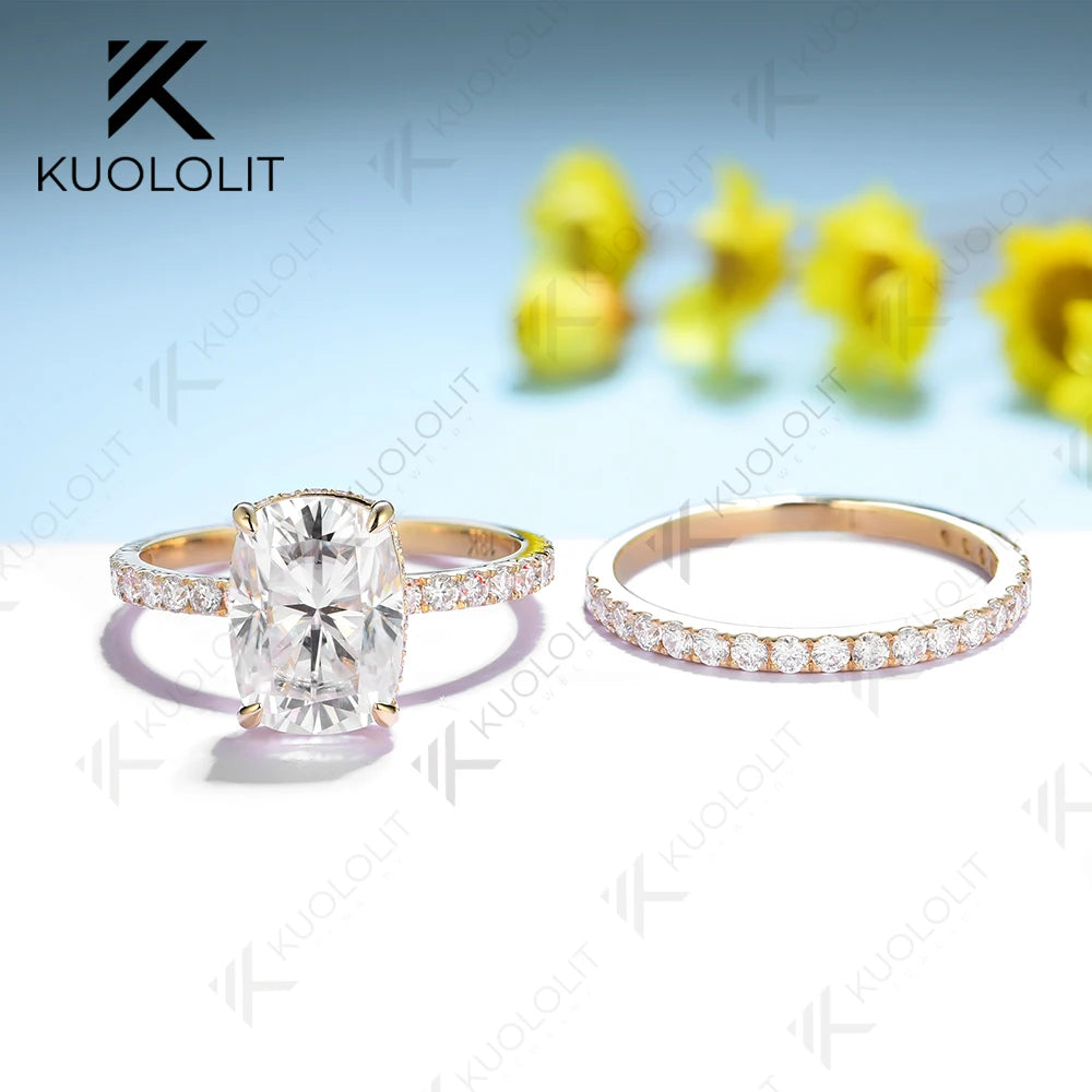 Kuololit 3CT Enlonged Oval Cut Moissanite Set Ring for Women Solid 18K 14K 10K 585 Yellow Gold Band for Engagement Wedding Party