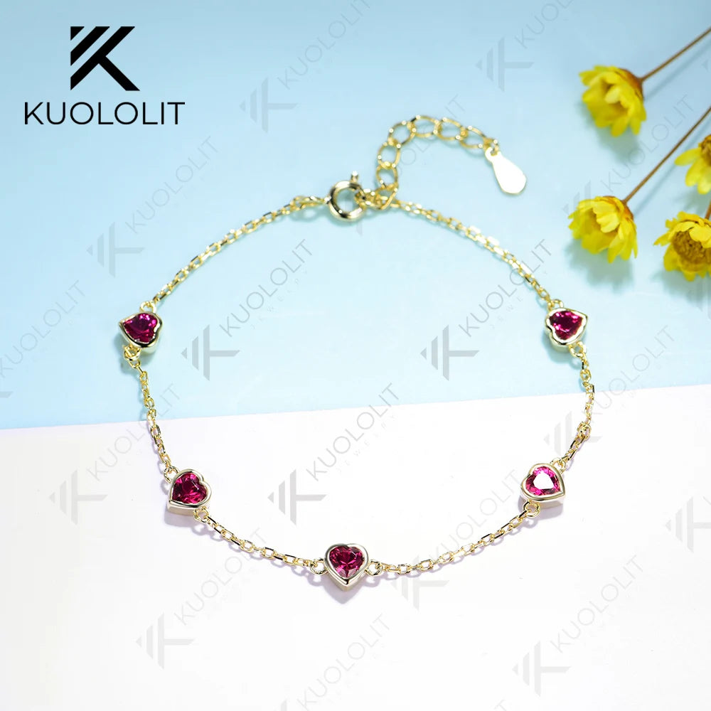 Kuololit 1.5CTW Lab Grown Ruby Bracelet for Women Solid 18K 14K 10K 585 Yellow Gold Heart Cut Bracelet for Christmas Gifts