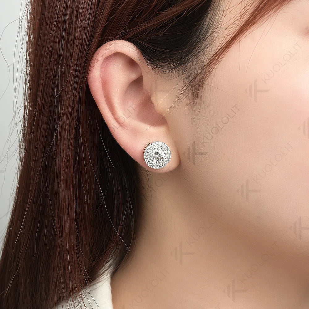 Kuololit 2CTW Moissanite Stud Earrings for Women Solid 18K 14K 10K 585 White Gold D VVS1 GRA Halo Earrings for Christmas Gifts