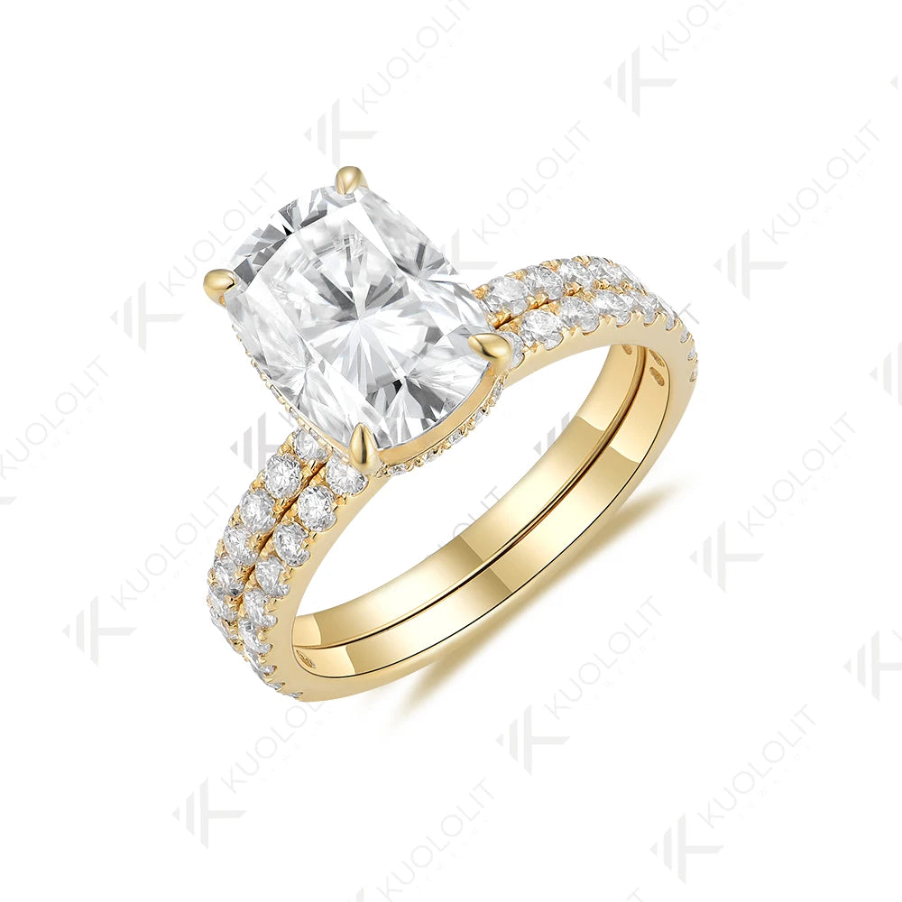 Kuololit 3CT Enlonged Oval Cut Moissanite Set Ring for Women Solid 18K 14K 10K 585 Yellow Gold Band for Engagement Wedding Party