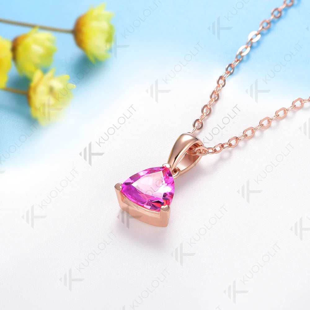 Kuololit 1.2CT Lab Pink Sapphire Engagement Necklace for Women Solid 18K 14K 585 Rose Gold for Christmas Gifts Jewelry