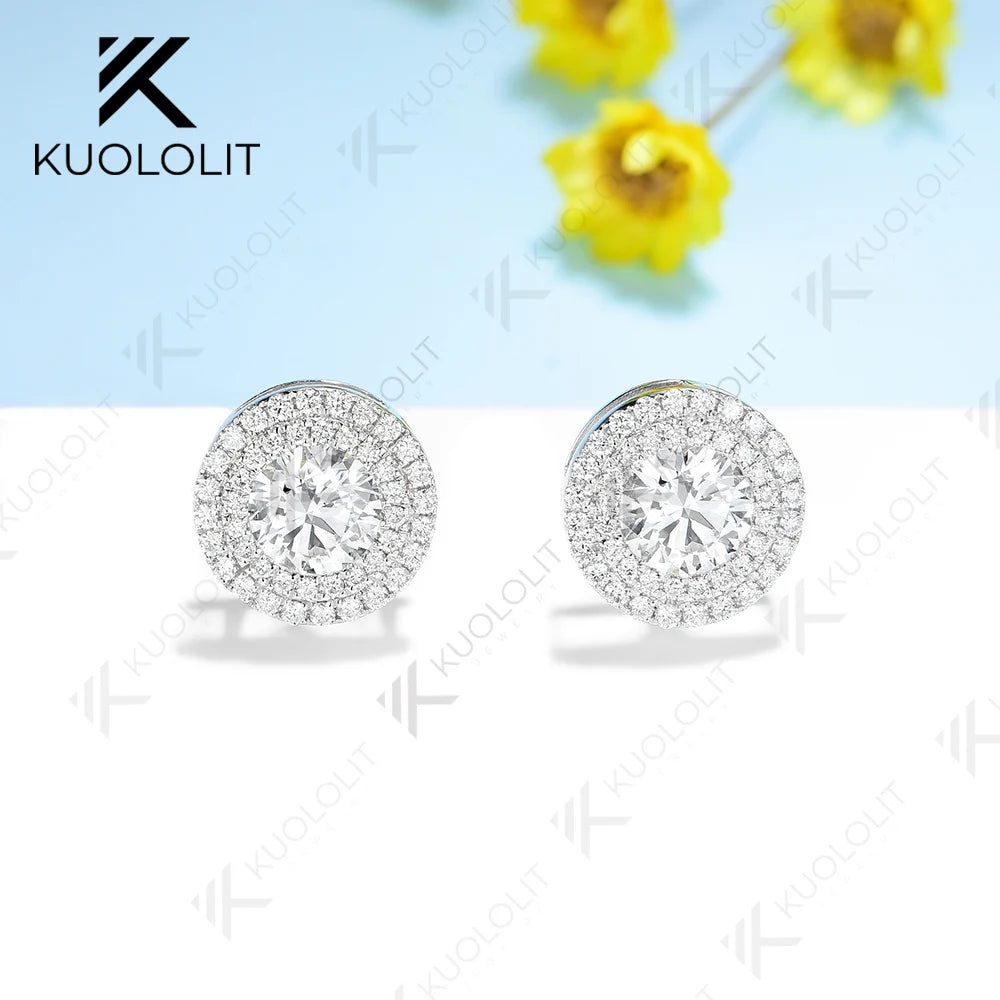 Kuololit 2CTW Moissanite Stud Earrings for Women Solid 18K 14K 10K 585 White Gold D VVS1 GRA Halo Earrings for Christmas Gifts
