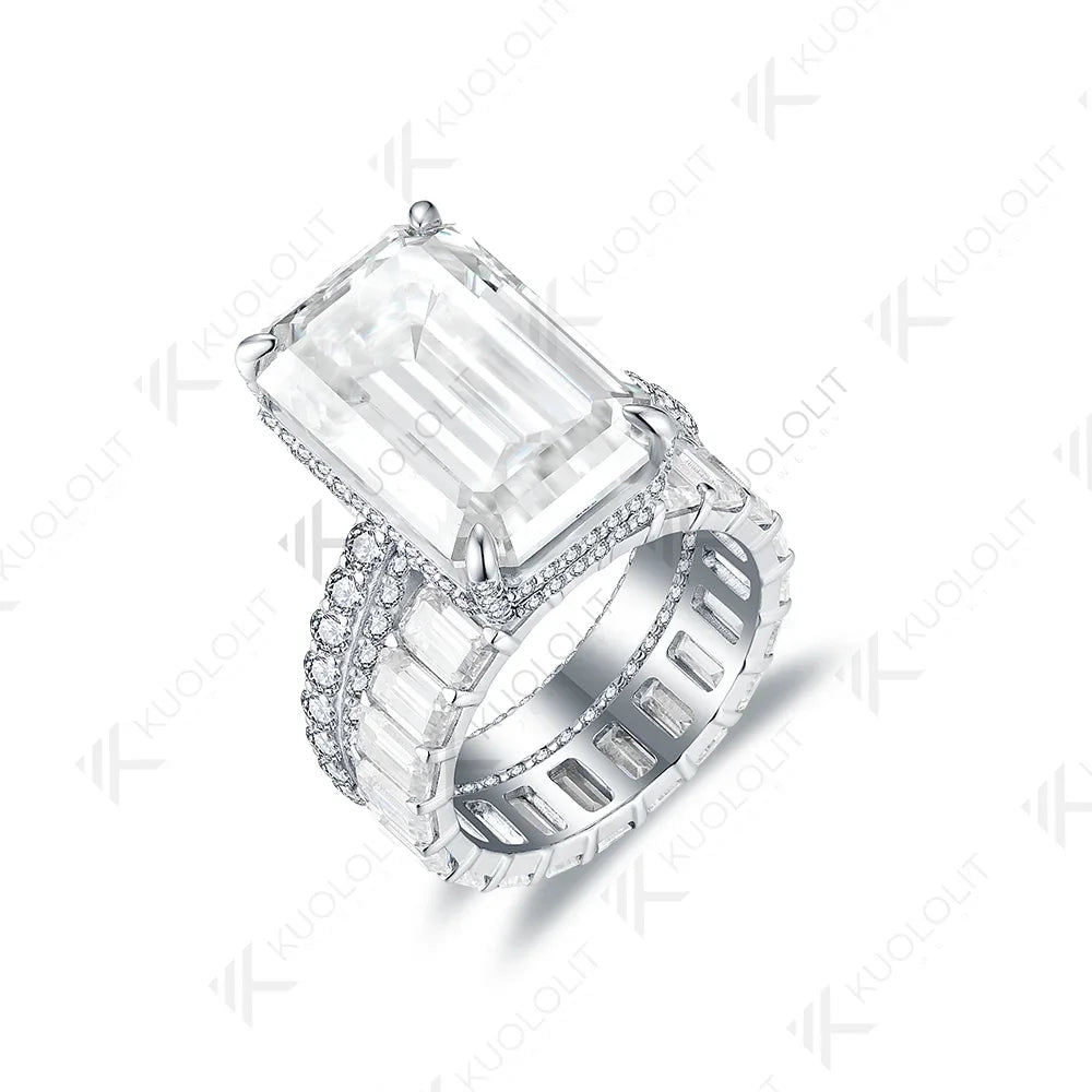 Kuololit 8.8CTW Moissanite Band Rings for Women PT950 Soild 14K 10K White Gold Emerald Luxury Band for Engagement Wedding Christmas
