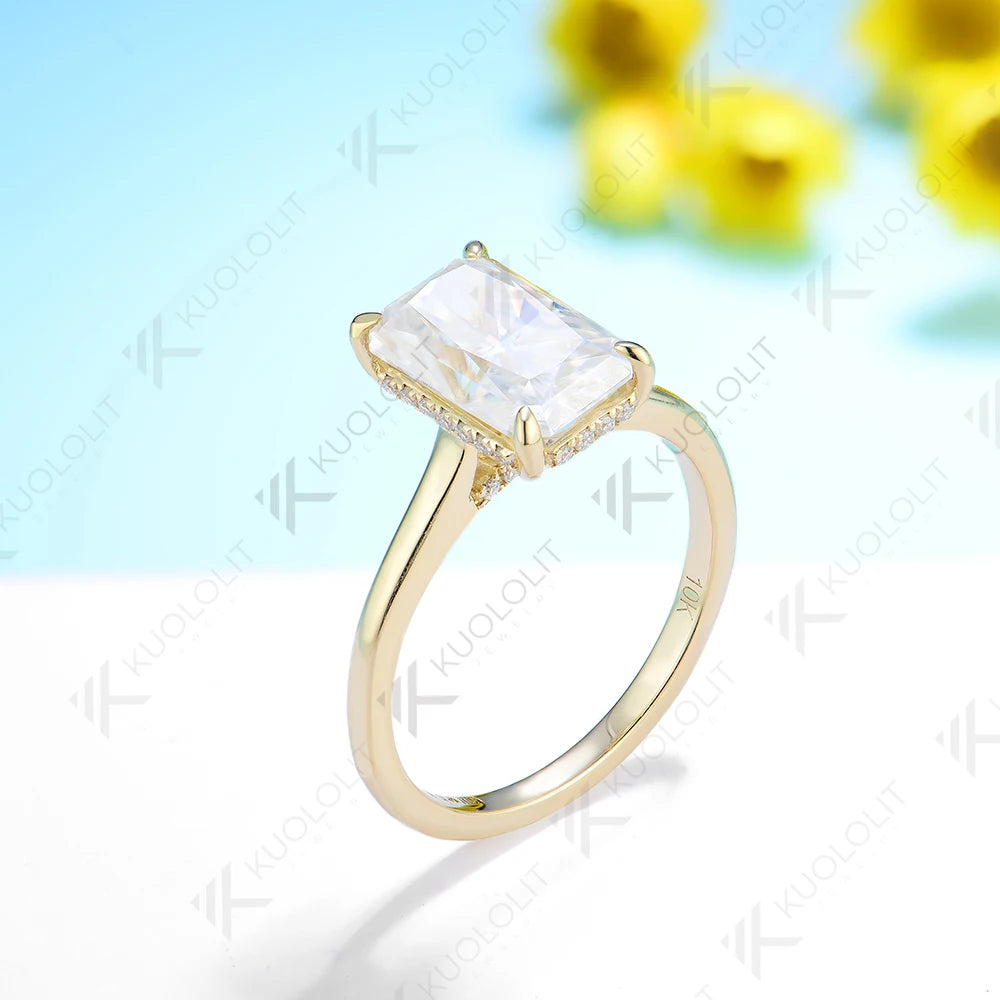 Kuololit 4ct Radiant Cut Moissanite for Women Solid 14K10K Yellow Gold Emerald Cut D/VVS1 Solitaire Ring for Engagement Wedding