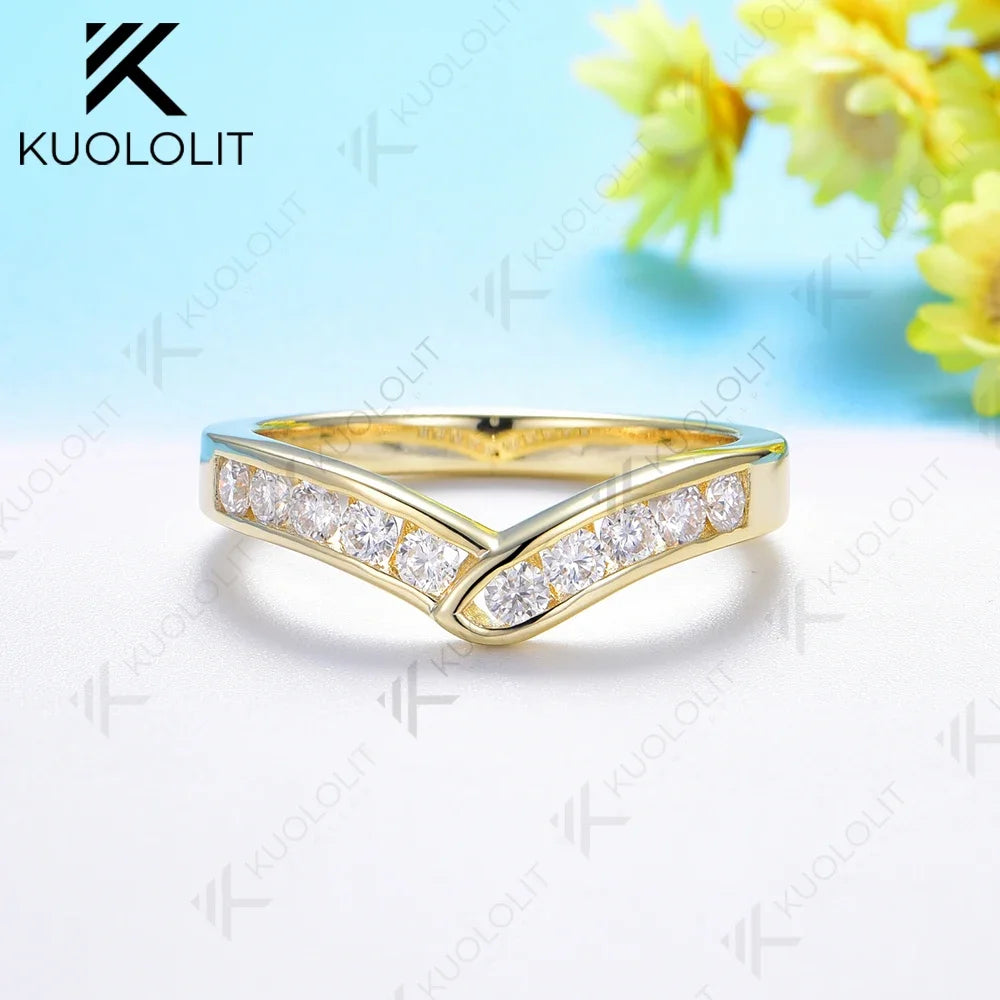 Kuololit 0.5ctw Lab Grown Diamonds V Band Rings for Women Solid 585 14K Gold Matching Band Set Ring for Anniversary Christmas