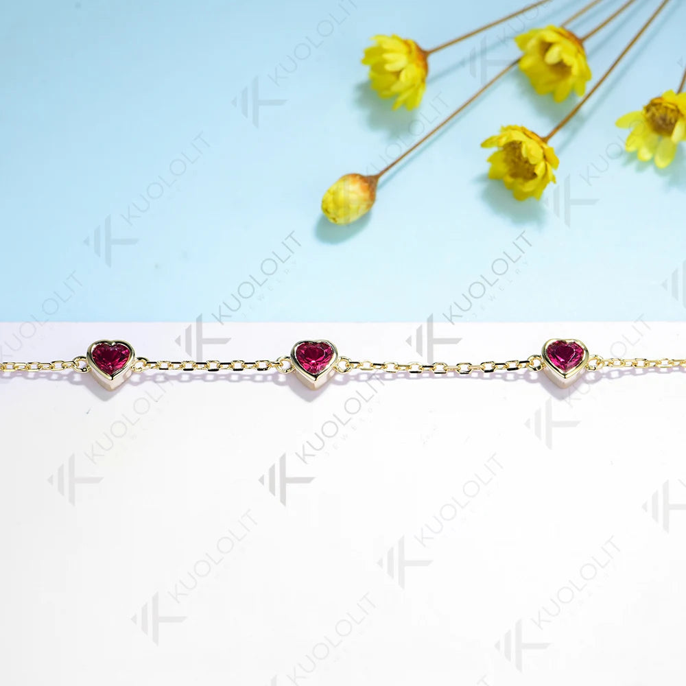 Kuololit 1.5CTW Lab Grown Ruby Bracelet for Women Solid 18K 14K 10K 585 Yellow Gold Heart Cut Bracelet for Christmas Gifts
