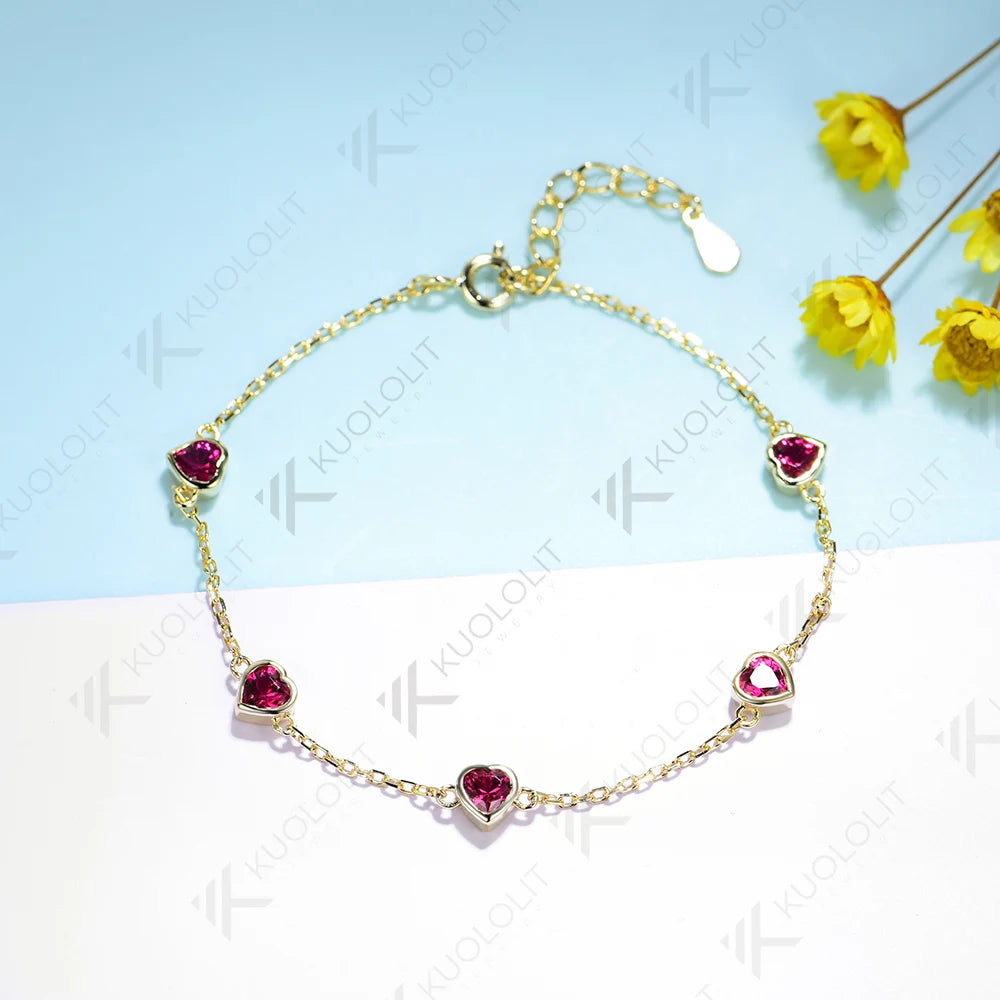 Kuololit 1.5CTW Lab Grown Ruby Bracelet for Women Solid 18K 14K 10K 585 Yellow Gold Heart Cut Bracelet for Christmas Gifts