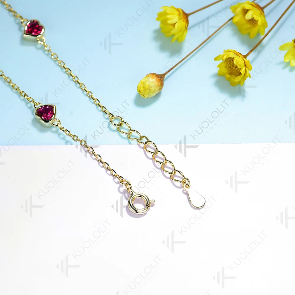 Kuololit 1.5CTW Lab Grown Ruby Bracelet for Women Solid 18K 14K 10K 585 Yellow Gold Heart Cut Bracelet for Christmas Gifts