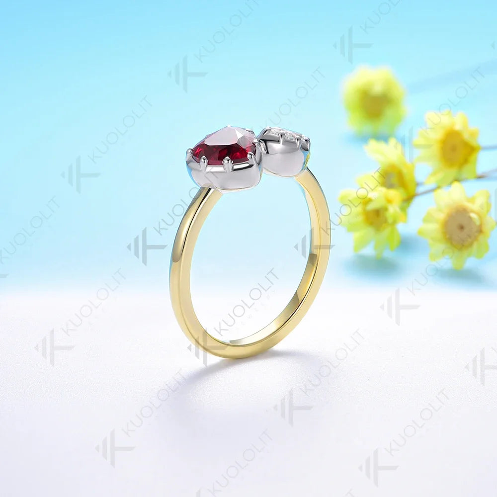 Kuololit 1.3CTW Lab Grown Diamond Ring for Women Solid 18K 14K 10K Gold Two Tone Ruby Gemstone Ring for Anniversary Engagement