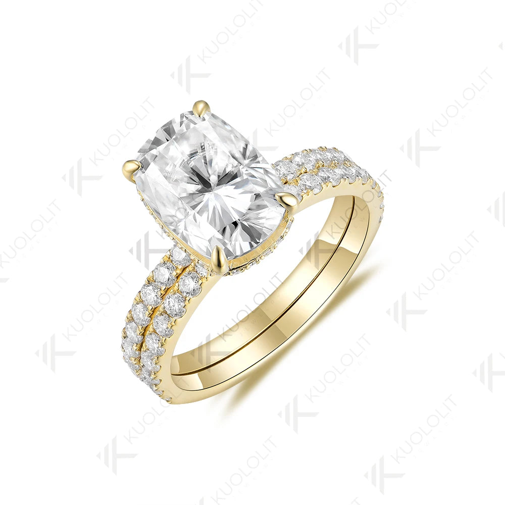 Kuololit 4CT Cushion Cut Moissanite Set Ring for Women Solid 18K 14K 10K 585 Yellow Gold Band for Engagement Wedding Christmas